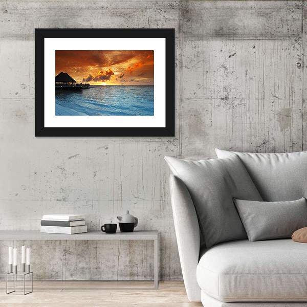 Maldives Thatched Hut on Pier at Sunset Canvas Wall Art