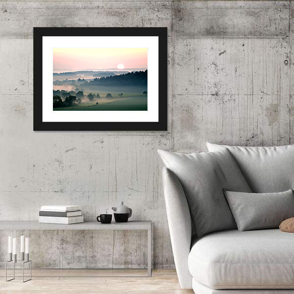 Misty Sunrise Over Layered Hills Canvas Wall Art