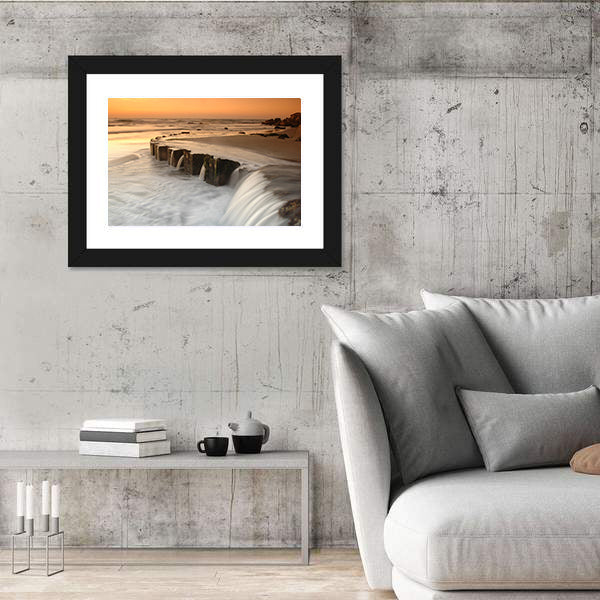 Waterfall By The Sea At Sunset Canvas Wall Art
