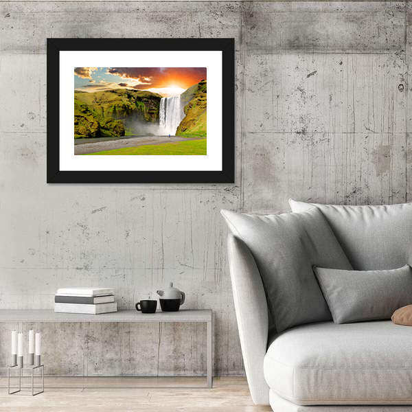 Skogafoss Waterfall At Sunset In Iceland Canvas Wall Art