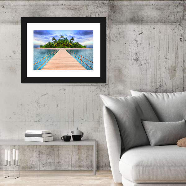 Wooden Pier to Tropical Maldives Island Canvas Wall Art