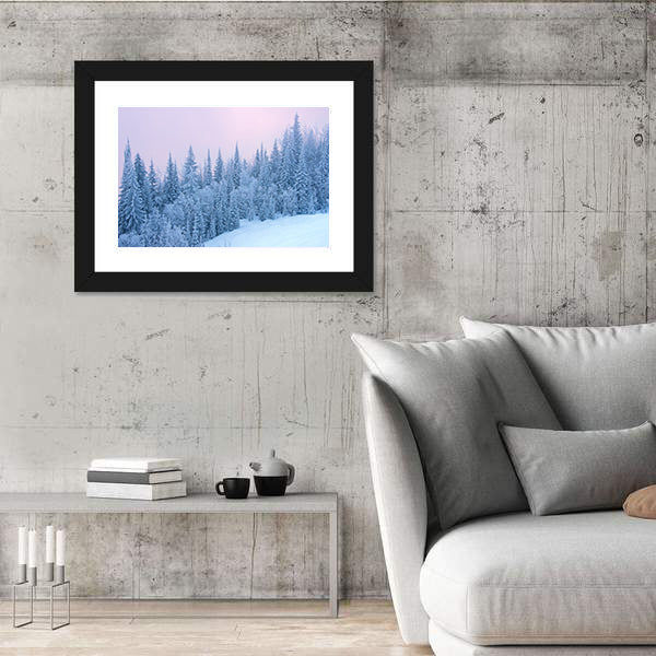 Winter Forest At The Sunset With Fog Canvas Wall Art
