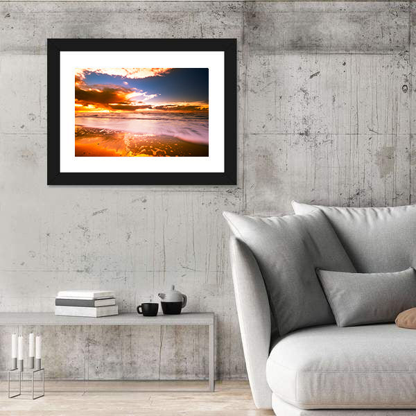 Sunset And Waves On The Beach Canvas Wall Art