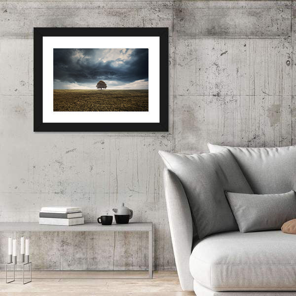 Tree In Field Under Storm Clouds Canvas Wall Art