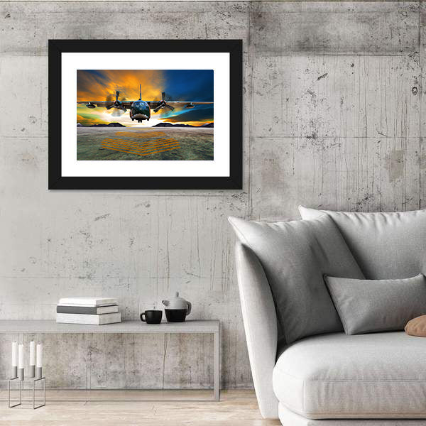 Twin-engine Military Transport at Golden Hour Canvas Wall Art