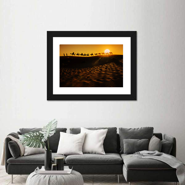 Camel Caravan at Sunset Canvas Wall Art