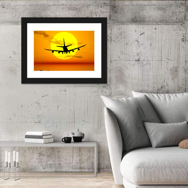 Airplane Silhouette Over Tropical Sunset Canvas Wall Art
