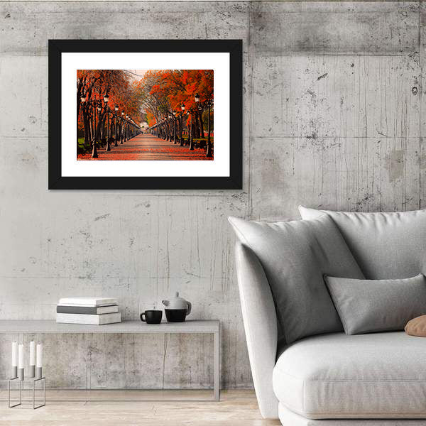 Red Autumn Park Pathway Canvas Wall Art