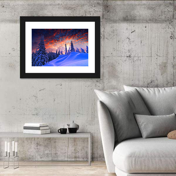 Snowy Winter Landscape At Sunset Canvas Wall Art