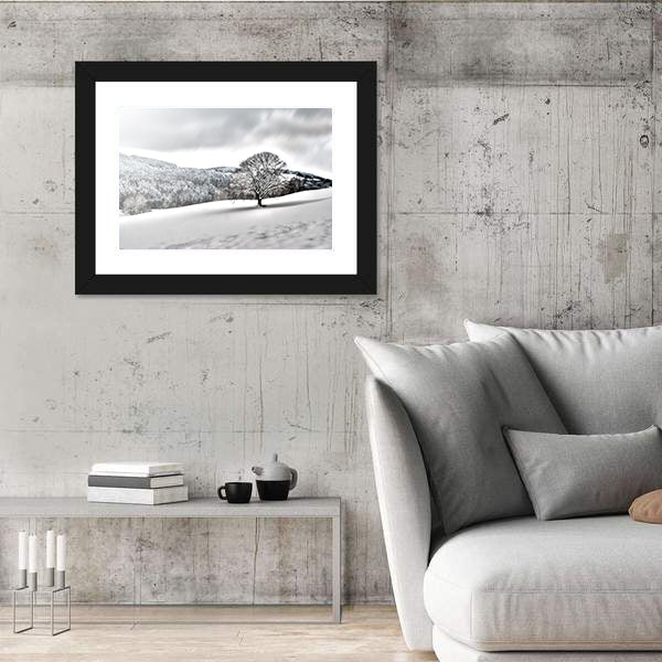 Lonely Tree In Snowy Landscape Canvas Wall Art