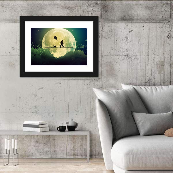 Child on Tightrope Under Full Moon Canvas Wall Art