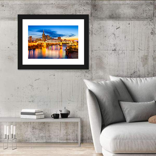 Nashville Skyline with Pedestrian Bridge at Dusk Canvas Wall Art