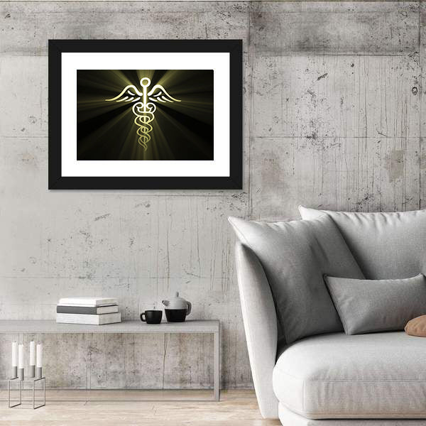 Golden Caduceus with Radiant Light Canvas Wall Art