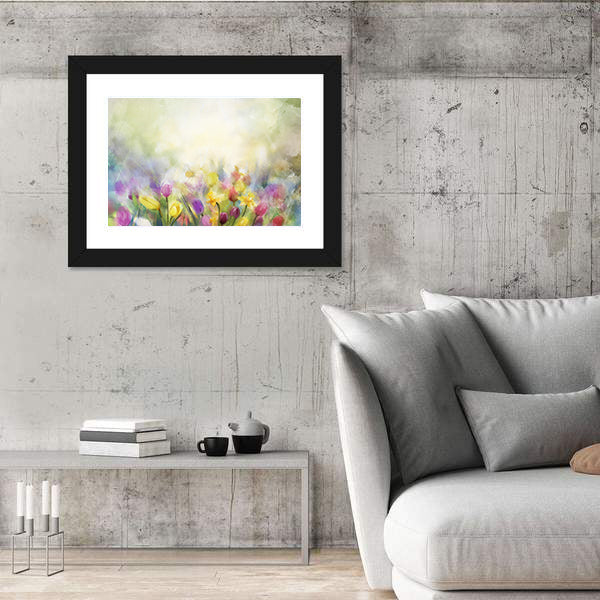 Watercolor Daffodil and Tulip Meadow Canvas Wall Art