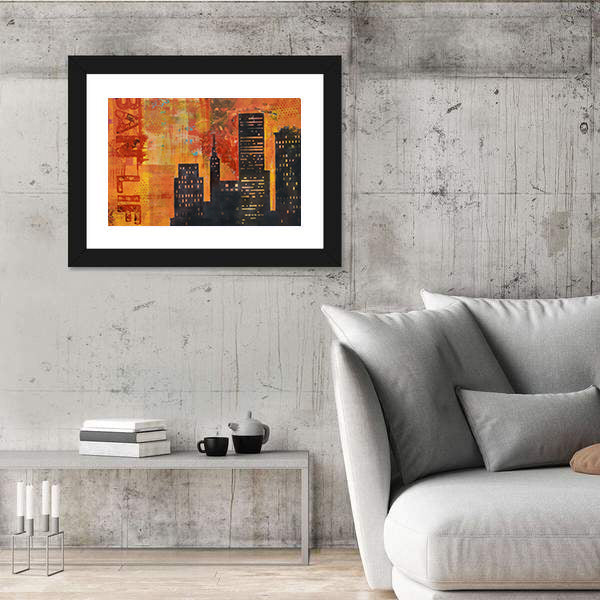 Abstract Urban Skyline with Stenciled Text Canvas Wall Art