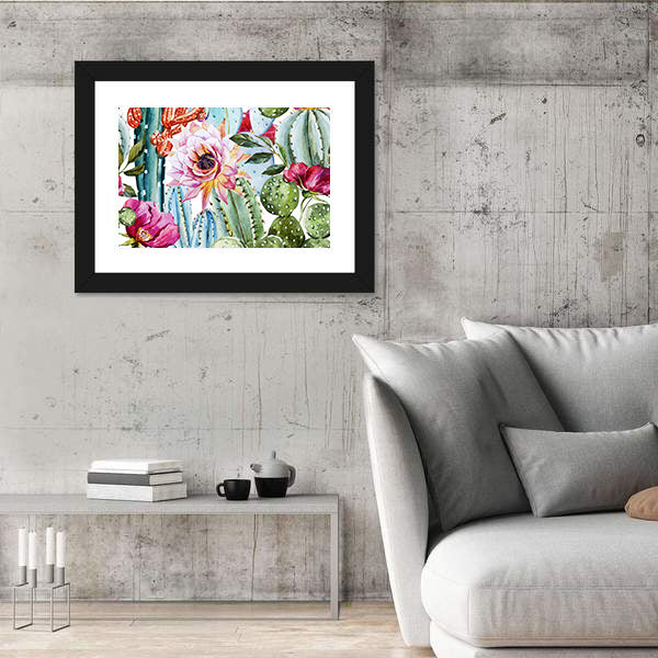 Watercolor Cactus Pattern with Pink Blooms Canvas Wall Art