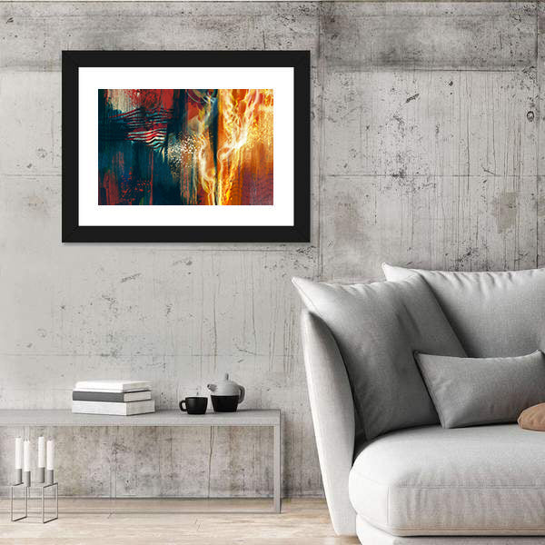 Abstract American Flag in Flames Canvas Wall Art