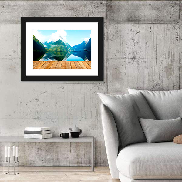 Wooden Pier and Mountain Lake Canvas Wall Art