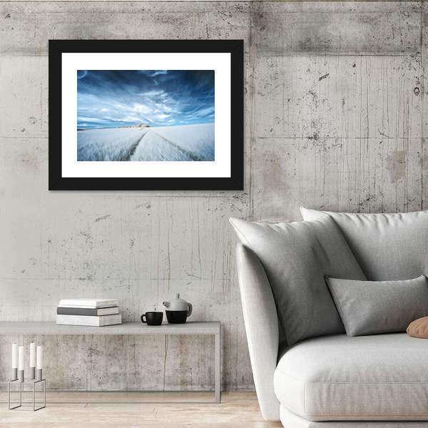 White Field with Parallel Tire Tracks Canvas Wall Art