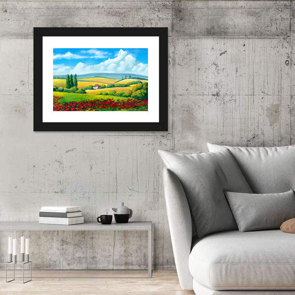 Tuscan Poppy Field with Cypress Trees Canvas Wall Art