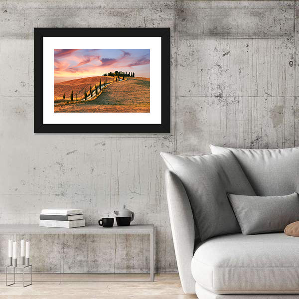 Hilltop Villa with Cypress Road at Sunset Canvas Wall Art