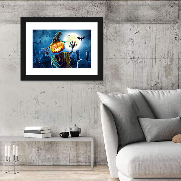 Pumpkin-headed Monster in Graveyard Canvas Wall Art