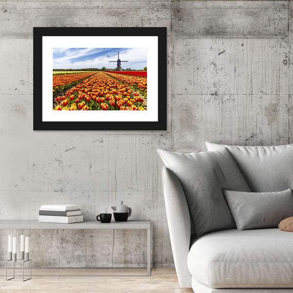 Colorful Tulip Field with Dutch Windmill Canvas Wall Art