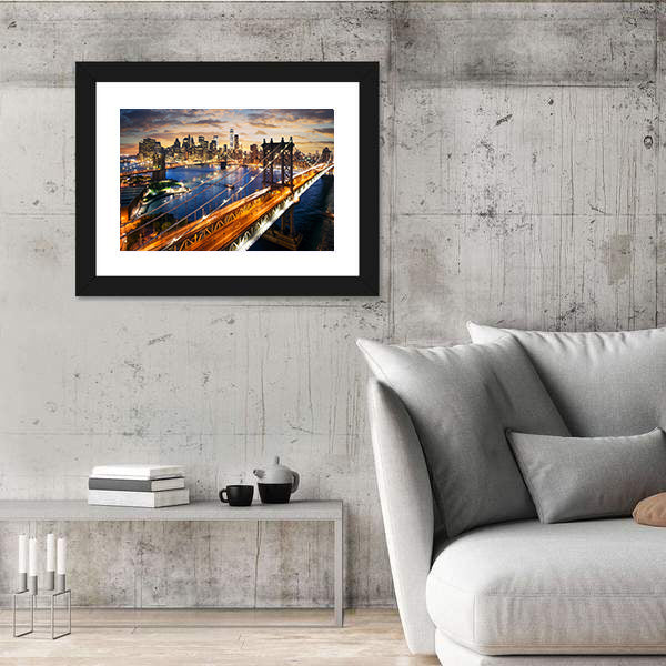 Manhattan Bridge and Skyline at Dusk Canvas Wall Art