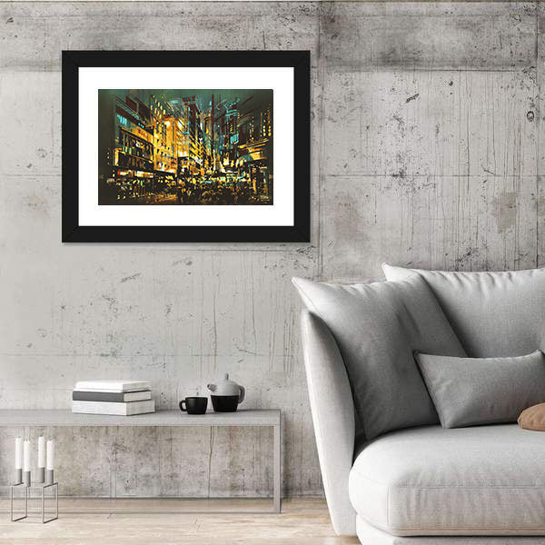 Abstract Night Cityscape with Golden Lights Canvas Wall Art