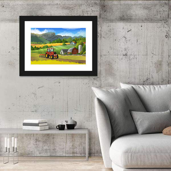 Red Tractor on Sunny Farm Landscape Canvas Wall Art
