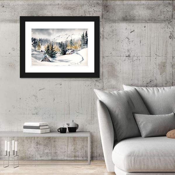 Snowy Mountain Village Canvas Wall Art