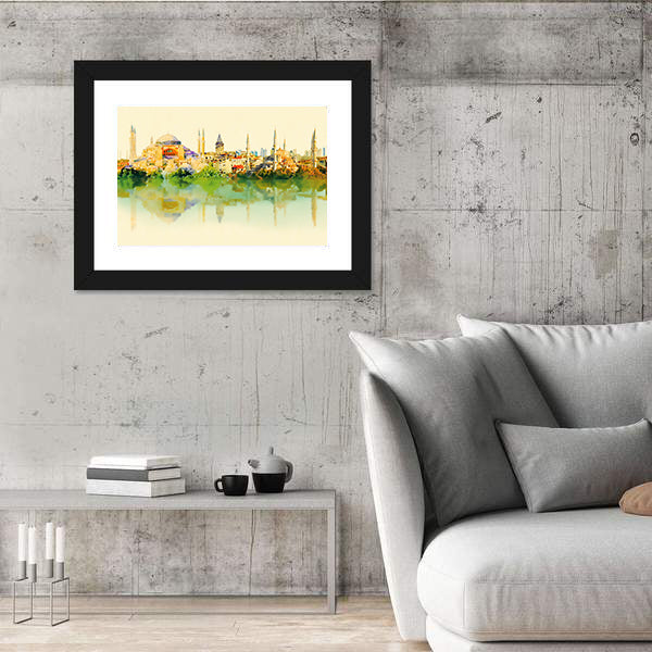 Istanbul Watercolor Skyline with Hagia Sophia Reflection Canvas Wall Art