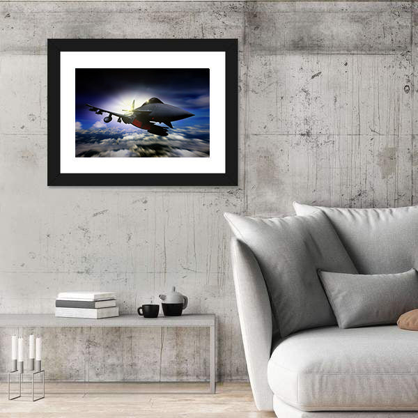 Military Jet Flying During Sunrise Canvas Wall Art