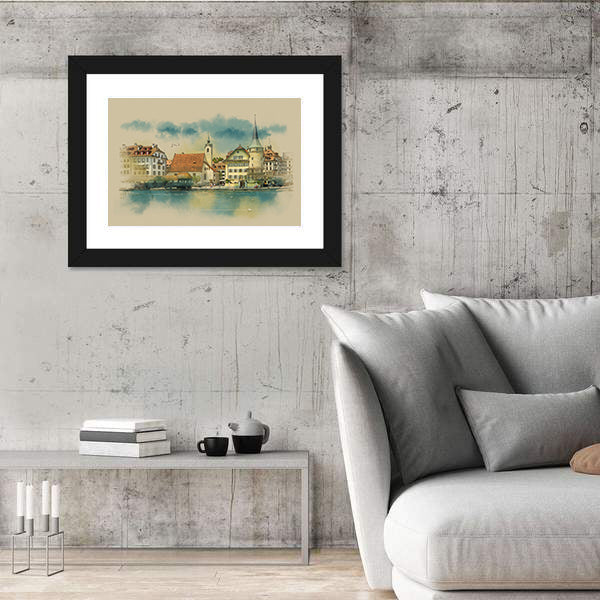 Sketch Of Lucerne Town In Switzerland Canvas Wall Art