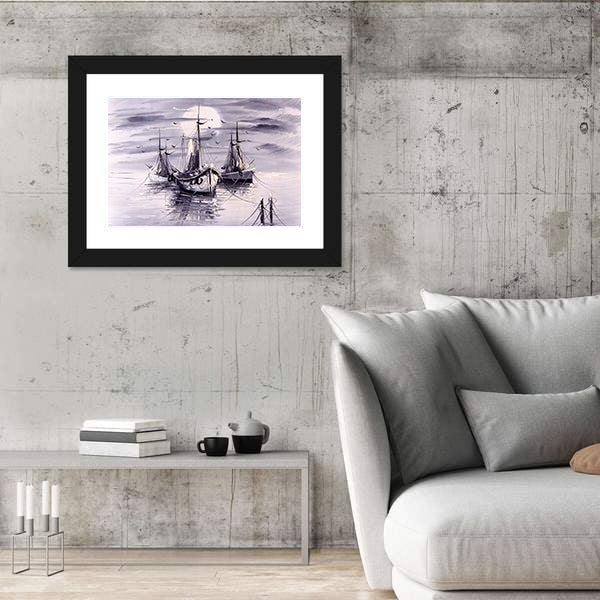 Moonlit Sailing Ships with Purple Reflections Canvas Wall Art