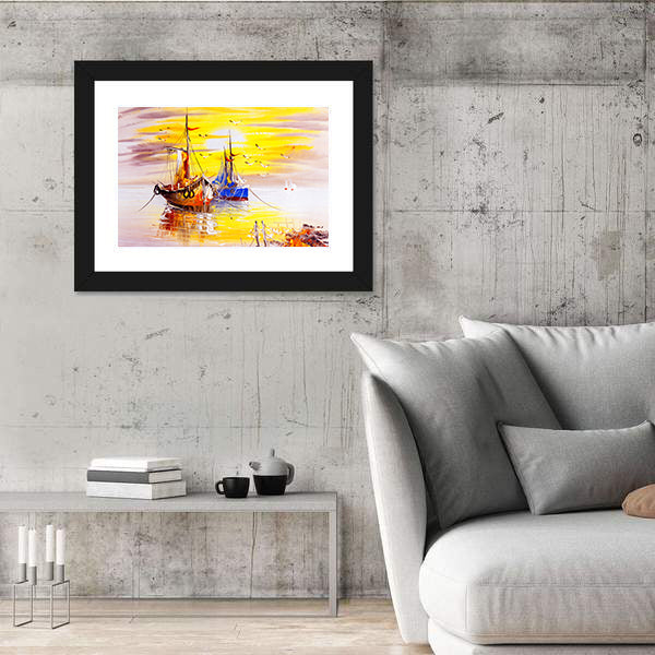 Boats With Sunset Canvas Wall Art