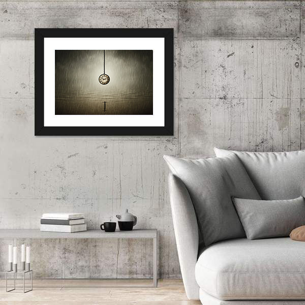 Rainy Night Silhouette with Pocket Watch Canvas Wall Art