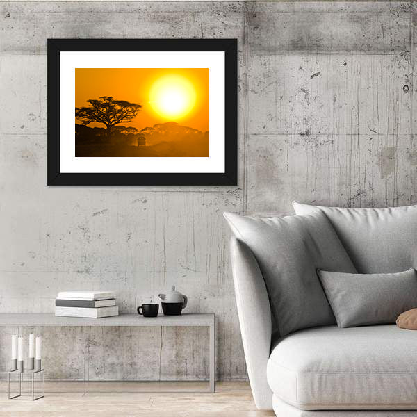 Safari Jeep Driving Through Savannah In The Sunset Africa Canvas Wall Art
