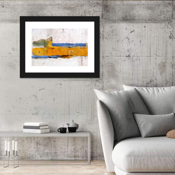 Ochre Yellow Band Abstract with Blue Accents Canvas Wall Art