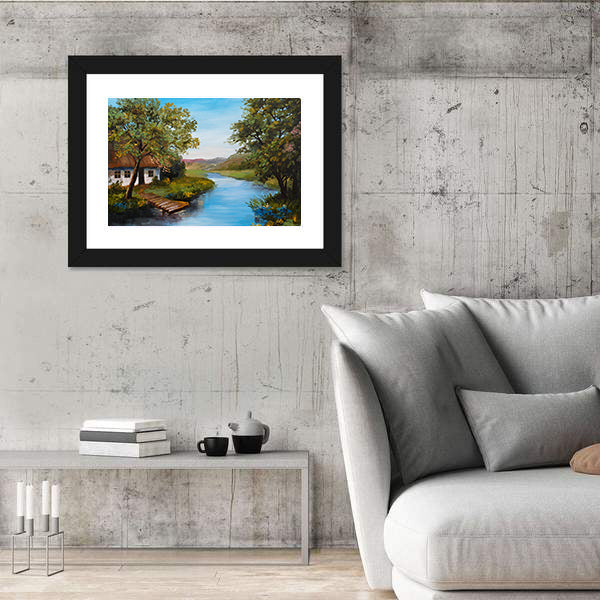 Farmhouse Near The River Canvas Wall Art