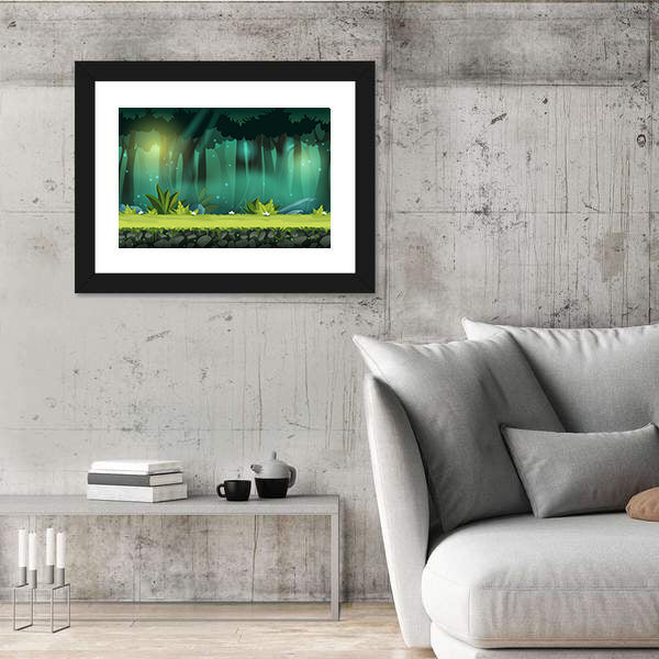 Magical Mist Forest with Fireflies Canvas Wall Art