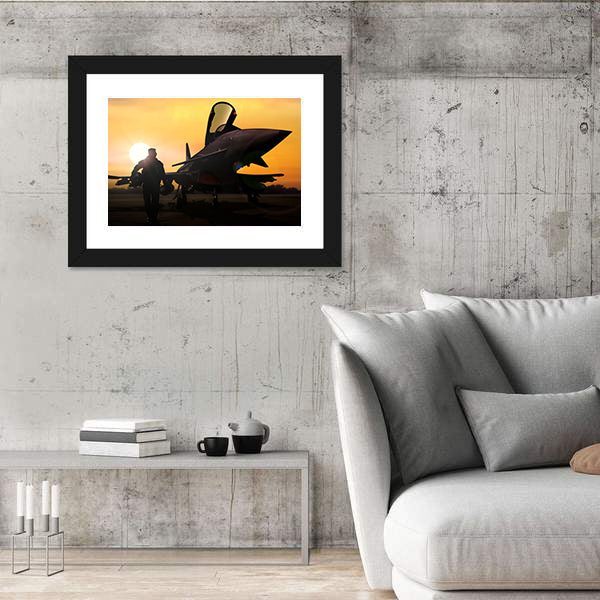 Military Pilot &amp; Aircraft At Airfield Canvas Wall Art