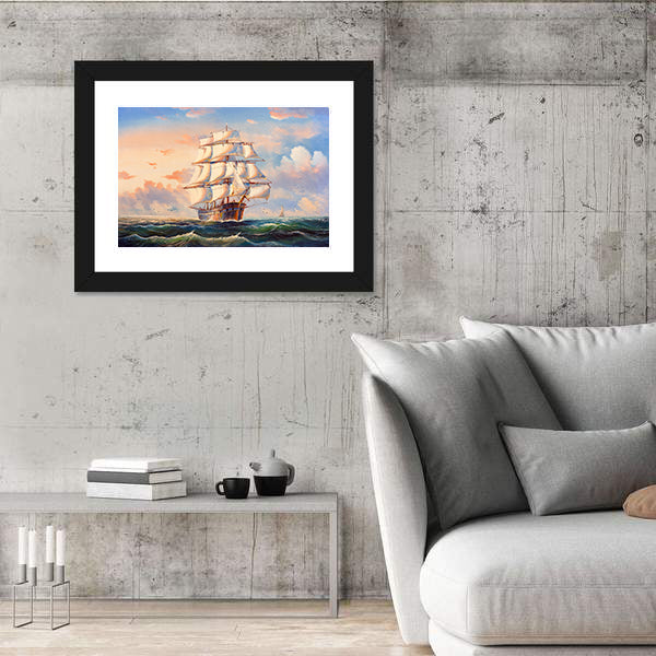 Sailing Boat In Storm Canvas Wall Art