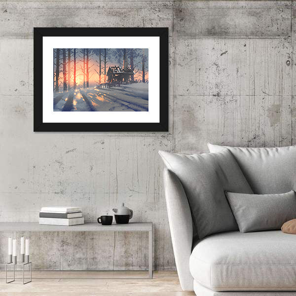 Abandoned House in Winter Forest Canvas Wall Art