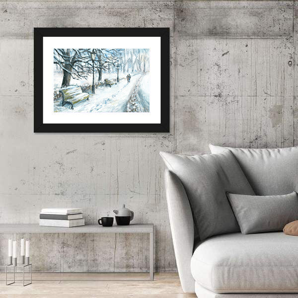Winter Park With Walking Couple Canvas Wall Art