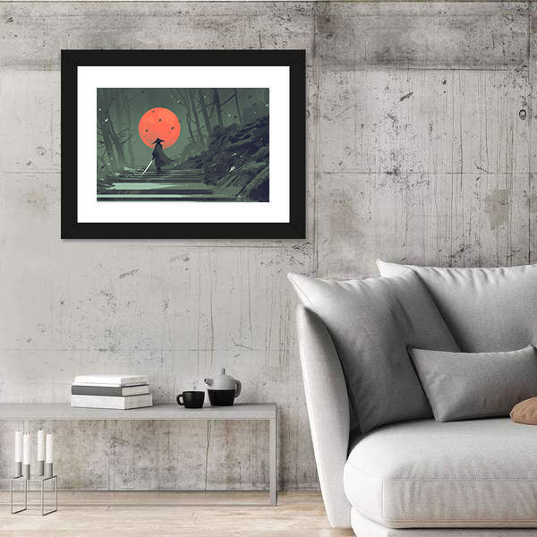 Samurai Standing On Stairway In Night Forest Under Red Moon Canvas Wall Art