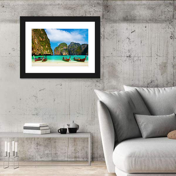 Tropical Beach And Traditional Long Tail Boats In Maya Bay Canvas Wall Art