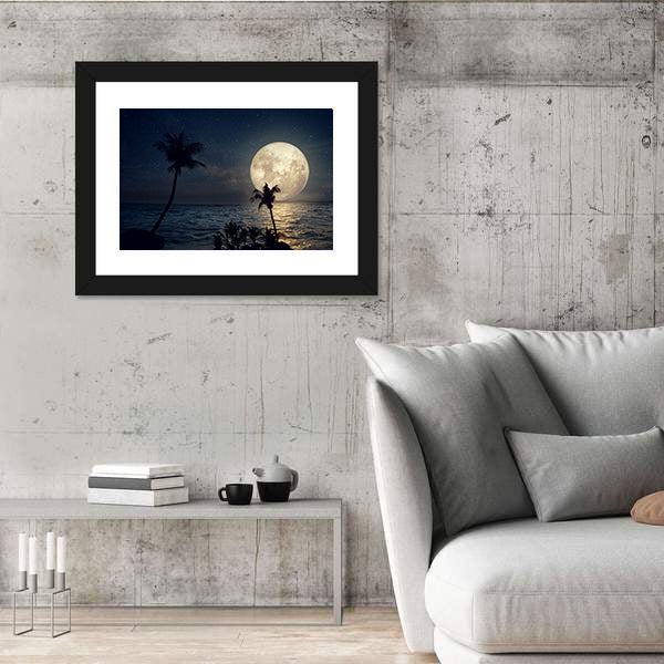 Tropical Beach Under Full Moon Canvas Wall Art