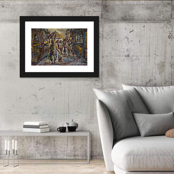 Rainy City Street with Umbrella Canvas Wall Art
