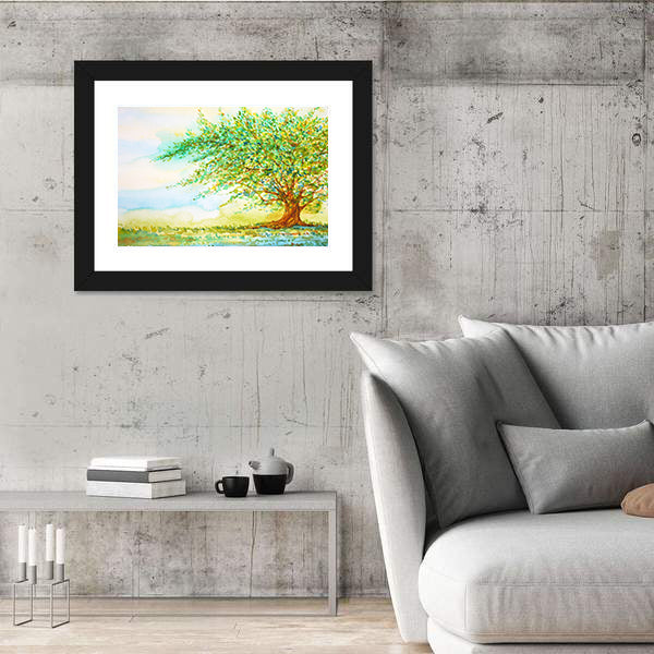 Big Tree In Grass Field Canvas Wall Art